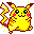 Pixelated yellow Pikachu with red cheeks and black eyes appears in multiple poses above a red background with flame-like patterns.