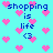 Pixelated cyan background with pink heart shapes and blue text reading "shopping is life <3" in multiple positions.