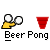 Animated contact sheet showing six sequential frames of a pixelated beer pong icon with yellow stick figures, red cups, and white balls against a gray background.