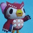 Pixelated cartoon owl with maroon head, white face, yellow beak, and maroon body, waving against light blue background.