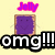 Pixelated purple square character with brown border, white limbs, and smiling face appears in three positions against yellow background with "Jelly" text above each.