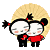 Two cartoon characters in red and black clothing stand side-by-side against a beige fan-shaped background, with subtle expression changes across frames.