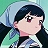 Pixelated anime-style character with dark hair, pink cheeks, and a light blue top against a green background.