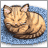 Pixelated orange tabby cat curled into a ball on blue background, eyes closed in sleep.