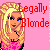 Pixelated cartoon icon of a blonde woman with blue eyes and purple eyeshadow against pink background, overlaid with red text "Legally Blonde".