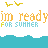 Pixelated graphic with repeating orange text 'im readyim readyim ready' and blue text 'FOR SUMMER', yellow bird silhouettes, and turquoise wave-like borders on white background.