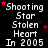 Black background with white pixelated text repeating 'Shooting Star Stolen Heart In 2005' and scattered red star symbols.