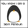 Pixelated penguin with black body, white belly, orange beak and feet, standing against white background with text above and below.