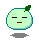 Pixelated green fruit-shaped character with leaf, displaying closed eyes, then open eyes with mouth, and finally open eyes with mouth and blue tears.