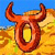Static pixelated icon depicting a stylized orange bull's head with curved horns against a blue sky and yellow field background.