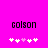 Pixelated text 'colson' on bright pink background with five white and one light purple heart symbols below.