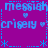 Pixelated blue text on purple background with repeating patterns of 'messiah', 'crisery', hearts, and asterisks in a