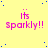 Yellow background with blue dots and repeated pink text reading "its sparkly!!" in a pattern, with a gray rectangle in the bottom-right corner