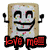 Pixelated character with beige body, black arms raised, wide smile, and red text 'bye me' below.