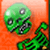 Green pixelated skull with large white eyes and black teeth against an orange background, featuring a smaller green skeletal figure to the right.