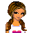 Pixel art buddy icon featuring a female character with brown braided hair wearing white crop top, dark pants with pink accents, and pink shoes holding a purple handbag next to a bright pink text box reading "i love pink!"