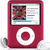 Three colored MP3 players with circular click wheels and screens showing album art and text, arranged in a with white earbuds on a white background