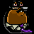 Pixelated character with brown hair, pink eyes, and a large brown torso holding a purple object against black background.