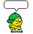 Yellow cartoon character with green cap and striped body in multiple poses, some with speech bubbles containing 'S'up?'.