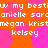 Orange background with pink circles and repeated white text reading 'my bestie', 'danielle', 'sara', 'megan', 'kristen', 'kelsey' in pixelated font.
