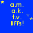 Blue background with yellow text 'a.m. a.k. t.v. BFFs!' repeated in , stars scattered across the scene