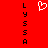 A static contact sheet of two identical frames showing a red background with vertical black text "LYSSA" on both sides and a white pixelated heart symbol in the center.