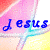 four identical showing a pink and yellow background with blue text reading "Jesus" in cursive script