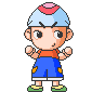 Pixel art character in orange shirt and blue shorts performing various poses with headband variations.