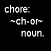 Black background with white text defining 'chore' and 'Law System' alongside a yellow square containing a black smiley face icon.