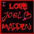 Pixelated animated contact sheet showing five frames of a buddy icon with red and pink text on black background, each frame displaying "I LOVE JOEL MADDEN" with heart symbol variations.