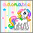 A 48x48 pixel animated buddy icon featuring a rainbow-maned pony with closed eyes, surrounded by stars and vertical stripes on a gray background.