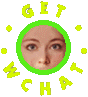circular green-bordered icons with a person's face showing different eye states, surrounded by yellow text reading 'GET WHAT CHAT' on a gray background