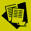 Yellow and black icon with overlapping documents, a coffee cup, and animated steam lines changing across frames.
