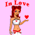 Pixelated image of a woman with red hair holding a red heart, with 'In Love' text above on pink background.