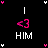 Pixelated icon with black background, white text labels 'I', 'HE', 'HIM', 'HER', pink heart symbols at corners, and a central pink '<3' symbol.
