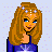 Pixel art of a woman with long brown hair and blue eyes, wearing a sparkly blue dress, posing next to text asking 'do i look like an angel to you?'