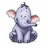 Pixelated gray elephant sits with trunk curled, pink inner ears visible against white background; red text reads "Heffalumps" and "a fantasy. Yet, cute!!" on purple backdrop.
