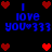 Pixelated blue text reads "I love you" with heart symbols and three '3' characters, surrounded by red pixel hearts on a black background.