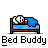 A 4x3 contact sheet of pixel art frames showing a cartoon character sleeping in bed with blue sheets and brown frame, each frame labeled "Bed Buddy" below.