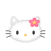 Pixelated white cat head with pink flower on left ear, black whiskers, orange nose; four variations show alternating open and closed eye states.