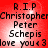 Red background with black text reading R.I.P Christopher Peter Schepis love you<3 repeated in a pattern