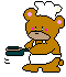 Brown bear wearing white chef hat and apron holding dark green frying pan with food, showing four sequential actions on gray background.
