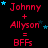 Red text on black background displays 'Johnny + Allyson = BFFs' repeated four times with blue stars scattered around, each instance showing slight variations in star positions.