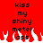 Red background with black text reading 'kiss my shiny metel ass' and white pixelated flames at the bottom.