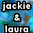 Pixelated image with blue-green background showing partial faces and text overlays reading "jackie & laura" on left and "own lassa=]" on right.