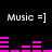 Black background with white 'Music =]' text and pink audio equalizer bars in motion.