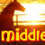 A pixelated image of a horse silhouette against a bright, glowing background with the text 'middle earth' in bold yellow letters below.