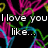 A static digital image with a black background filled with overlapping neon pink, green, and blue heart shapes. White pixelated text fragments are scattered across the composition.