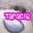 A pixelated image of a light gray animal face with large blue eyes, overlaid with bright pink text in two vertical