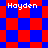 Four distinct red and blue pixelated patterns with 'Hayden' text in white, arranged in a with varying geometric arrangements of squares and diamonds